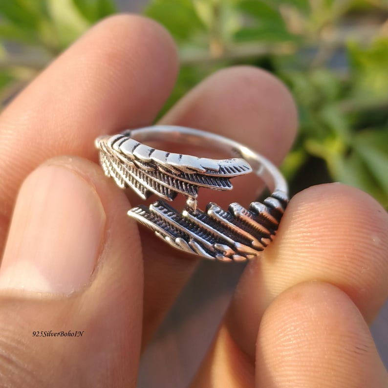925 sterlingzilveren ring engelvleugel, handgemaakte veren wikkelring, boho statement sieraden cadeau afbeelding 19