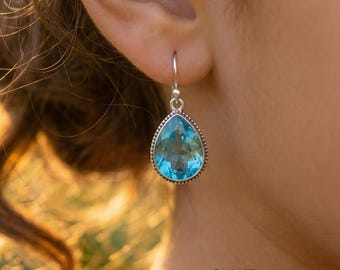 Natuurlijke aquamarijnoorbellen, peergeslepen blauwe edelsteenhangers, 925 sterlingzilveren boho-sieradencadeau