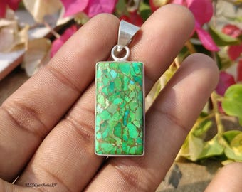 Natuurlijke groene koperen turkoois rechthoekige hanger, 925 sterlingzilveren boho-statementketting, gepersonaliseerd cadeau