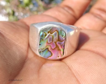 Handgemaakte 925 sterlingzilveren zegelring abaloneschelp, iriserende boho-statementsieraden voor heren