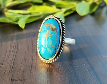 Blauw koperen turkoois ring 925 sterlingzilver boho statement sieraden Uniek handgemaakt verjaardagscadeau