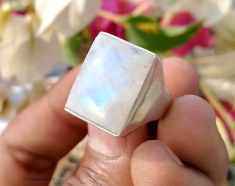 Grote regenboog maansteen ring 925 sterlingzilver vierkant statement boho sieraden verjaardagscadeau vrouw