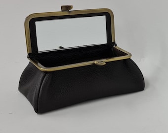 Black Genuine Leather Cosmetic Bag Pouch with Mirror and Fermoir Closure
