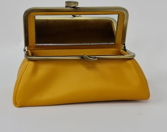 Marigold Genuine Leather Cosmetic Bag Pouch with Mirror and Fermoir Closure