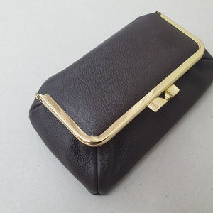 Dark Brown Handmade Genuine Leather Cosmetic Pouch Bag with Mirror and Kiss-Lock Closure