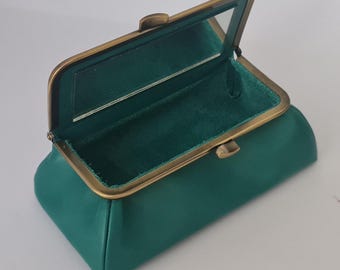 Teal Genuine Leather Cosmetic Bag Pouch with Mirror and Fermoir Closure