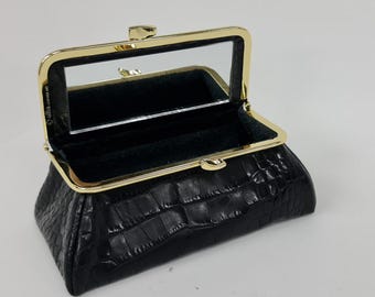 Matte Black Croc Genuine Leather Cosmetic Bag Pouch with Mirror and Fermoir Closure