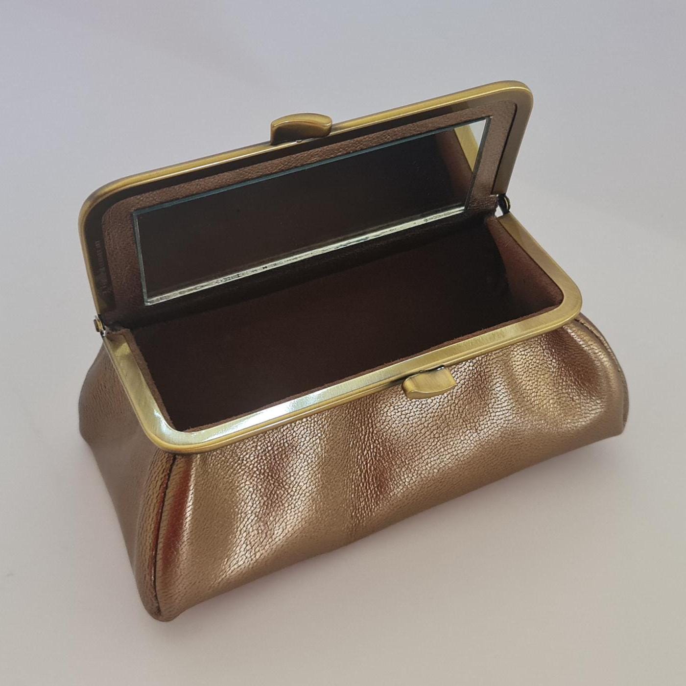 Pink Gold Handmade Genuine Leather Cosmetic Pouch Bag with Mirror and Kiss-Lock Closure