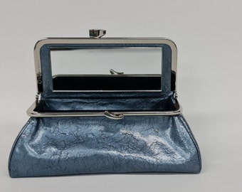 Ice Blue Handmade Genuine Leather Cosmetic Pouch Bag with Mirror and Kiss-Lock Closure