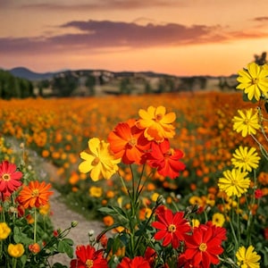 Könnte beinhalten: Ein lebendiges Feld mit Kosmosblumen in Rot-, Orange- und Gelbtönen, mit einem Pfad, der durch die Blüten führt. Der Sonnenuntergangshimmel bietet eine warme Kulisse für die bunten Blumen. Die Aufnahme zeigt eine Naturlandschaft.