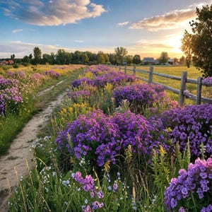 Könnte beinhalten: Eine malerische Landschaft mit einem Feldweg, der sich durch ein Feld mit leuchtend violetten und gelben Wildblumen schlängelt. Ein Holzzaun säumt das Feld, mit einem Sonnenuntergangshimmel im Hintergrund. Die Szene strahlt Ruhe aus.