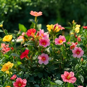 May include: A vibrant close-up of colorful flowers in full bloom. The image showcases a variety of blossoms in shades of pink, red, and yellow, set against a backdrop of green foliage. The flowers have a delicate, open shape, with visible stamens.