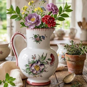 Könnte beinhalten: Eine weiße Keramikkrug mit floralem Design, gefüllt mit bunten Blumen. Der Krug hat einen roten Rand und Griff. Ein kleiner Terrakottatopf mit einer Pflanze und ein silberner Löffel stehen auf einem Holztisch.