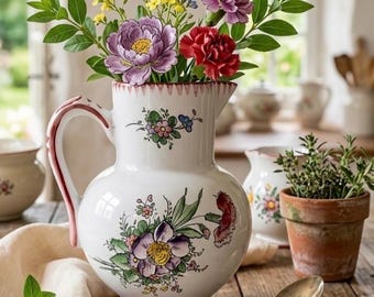 Vintage Angoulême aardewerken kan "La Renoleau" – Handgeschilderde bloemversiering – Frans ambachtelijk keramiek – 20 cm