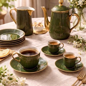 Service à Café Ancien E. Bourgeois Paris - Porcelaine Fine Vert et Or - French Art Deco Tea Set - Grand Depot Drouot - Luxury Vintage