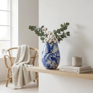 Può includere: Un vaso in ceramica a motivi blu e bianchi con steli di cotone e rami di eucalipto. Il vaso è appoggiato su una mensola di legno chiaro con libri e una candela. Una sedia in vimini e una coperta bianca sono sullo sfondo.