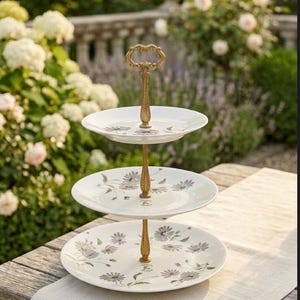 May include: A three-tiered serving tray with a gold-coloured handle and support. Each white plate features a floral design in grey. The tray is set on a wooden table with a garden background.