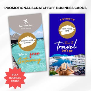 Peut inclure: Deux cartes de visite promotionnelles à gratter. L'une présente une scène tropicale avec le texte : "3 Night Cruise Bahamas" et "Win a free Getaway". L'autre carte a un fond bleu avec les mots "Time to Travel, Let's go".