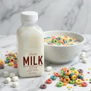 Peut inclure: Une bouteille transparente de gel douche parfumé étiquetée "Milk Marshmallow Sugar" avec un bouchon blanc. Un bol de céréales avec des anneaux colorés et des guimauves est à côté de la bouteille. Le fond est une surface en marbre.