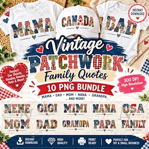 Könnte beinhalten: Ein digitales Design-Paket mit Patchwork-Textgrafiken für Familienkleidung. Die Sammlung enthält Wörter wie MAMA, DAD, NENE, GIGI, MIMI, NANA, USA, MOM, GRANDPA, PAPA und FAMILY, verziert mit roten, blauen und karierten Mustern.