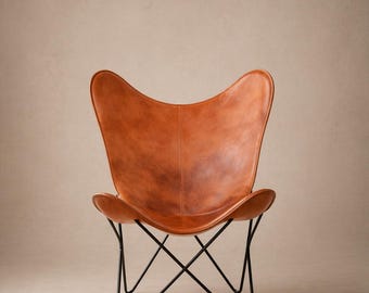 Genuine Leather Butterfly Chair | Handmade Tan Sling Lounge Seating