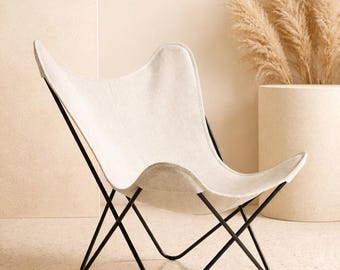 Ręcznie wykonany biały fotel z płótna w kształcie motyla – nowoczesny fotel wypoczynkowy z żelazną ramą