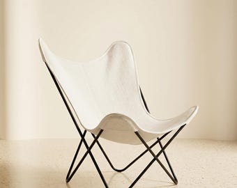 White Canvas Butterfly Chair – Handmade Boho Sling Lounge, Mid-Century Modern Accent
