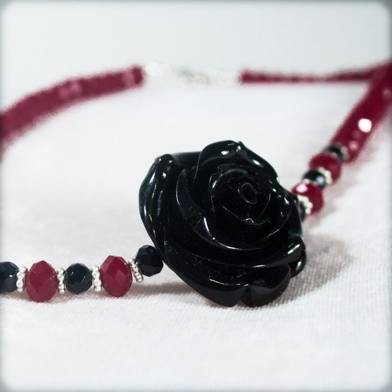 Items similar to Black Rose Necklace Blood Red Glass Beaded on Etsy