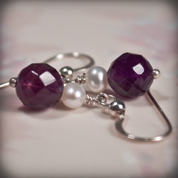 SALE Delicate Faceted Amethyst White Pearl Sterling Silver Earrings
