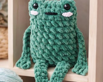Rana con le gambe lunghe fatta a mano in amigurumi | Peluche morbido all'uncinetto | Peluche in ciniglia | Regalo perfetto per bambini e collezionisti