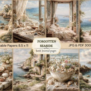 Może przedstawiać: Kolekcja 20 papierów do druku przedstawiających nadmorskie krajobrazy, widoki na ocean, otwarte okna i misy pełne muszli. Tekst głosi FORGOTTEN SEASIDE Junk Journal pages 20 Printable Papers 8.5 x 11 JPG & PDF 300 DPI.