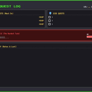 Puede incluir: Un registro de misiones diario digital con un fondo oscuro y un borde verde. El registro incluye secciones para misiones principales, misiones secundarias e inventario. El texto incluye "Misiones principales", "Misiones secundarias", "Batalla de jefe" e "Inventario".