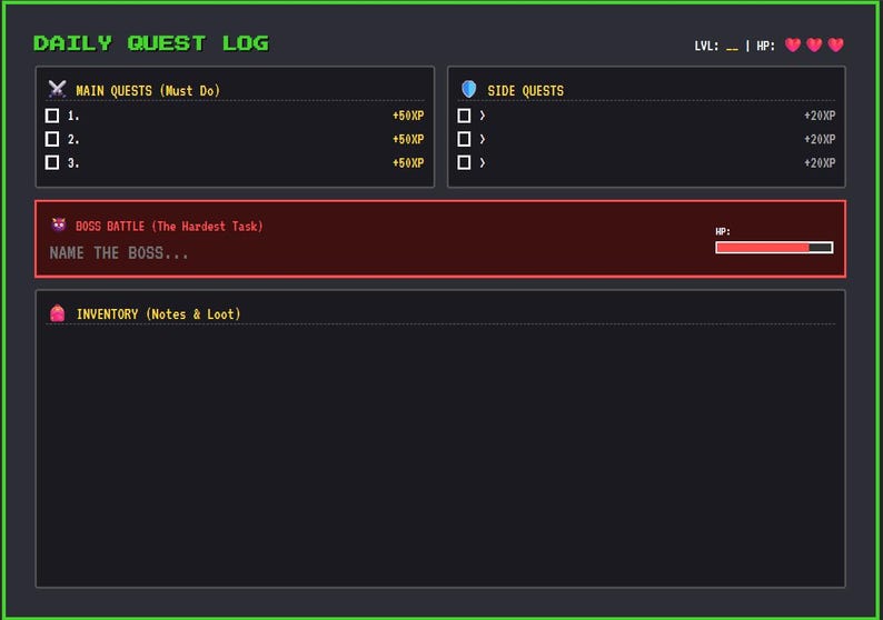 Puede incluir: Un registro de misiones diario digital con un fondo oscuro y un borde verde. El registro incluye secciones para misiones principales, misiones secundarias e inventario. El texto incluye "Misiones principales", "Misiones secundarias", "Batalla de jefe" e "Inventario".