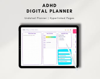 Planificador digital para TDAH para GoodNotes / Organizador de concentración diaria / Planificador para iPad y Android / Compatible con neurodivergentes / Sin fecha (Diario, Semanal, Mensual)