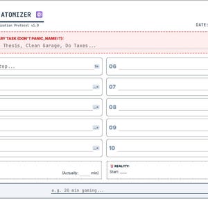 Puede incluir: Una hoja de trabajo de gesti&oacute;n de tareas en blanco y azul claro titulada "The Task Atomizer". Incluye secciones para enumerar tareas, un aviso de "Big Scary Task" y una secci&oacute;n de recompensa. La hoja de trabajo est&aacute; dise&ntilde;ada para ayudar a desglosar tareas.