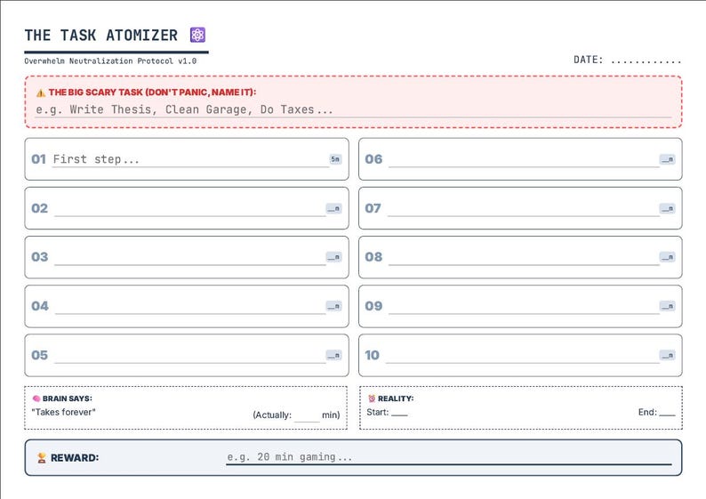 Puede incluir: Una hoja de trabajo de gesti&oacute;n de tareas en blanco y azul claro titulada "The Task Atomizer". Incluye secciones para enumerar tareas, un aviso de "Big Scary Task" y una secci&oacute;n de recompensa. La hoja de trabajo est&aacute; dise&ntilde;ada para ayudar a desglosar tareas.