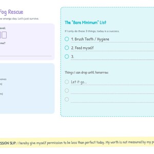 Puede incluir: Una p&aacute;gina de planificador azul claro con el t&iacute;tulo "Brain Fog Rescue" y secciones para los niveles de energ&iacute;a y las necesidades sensoriales. Incluye una lista de "Bare Minimum" con casillas de verificaci&oacute;n y un "Permission Slip".