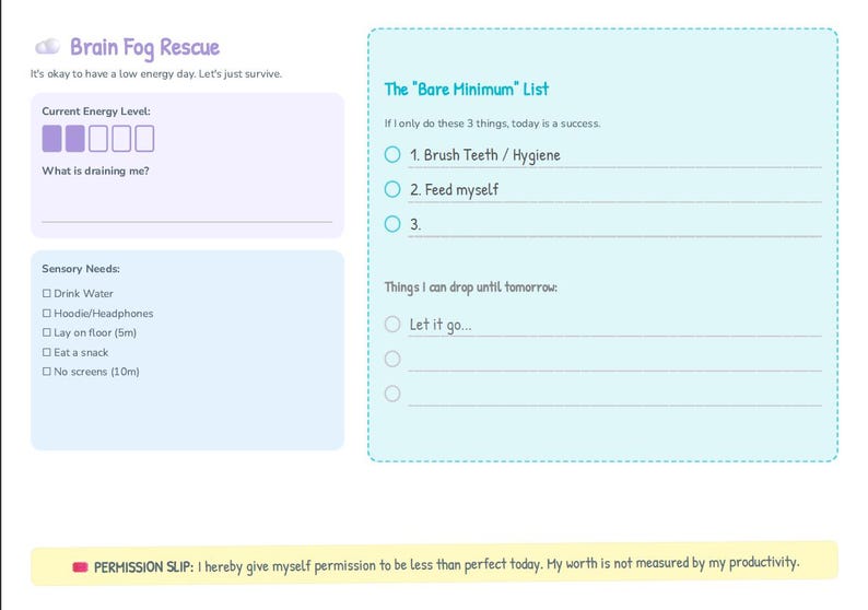 Puede incluir: Una p&aacute;gina de planificador azul claro con el t&iacute;tulo "Brain Fog Rescue" y secciones para los niveles de energ&iacute;a y las necesidades sensoriales. Incluye una lista de "Bare Minimum" con casillas de verificaci&oacute;n y un "Permission Slip".