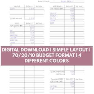 May include: A digital download of a 70/20/10 budget template. The document is designed for financial planning, with sections for income, bills, and spending. The text reads "70/20/10 Budget Format | 4 Different Colours."