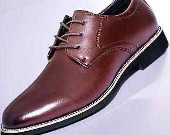 Men Brown Leather Derby Shoes Handmade Classic Formal Dress Shoes Minimal Style Office Wedding Lace Up Footwear Elegant Gift