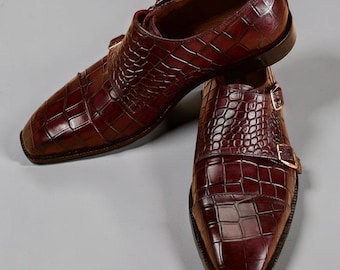 Burgunder Krokodilleder Monk Strap Schuhe Männer handgefertigte Anzugschuhe Doppelschnalle formale Schuhe Luxushochzeitsschuhe
