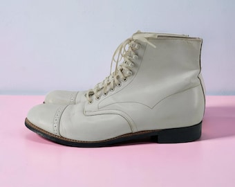 Botas de cuero blanco hechas a mano para hombre, botines con cordones, botas de vestir con puntera reforzada, zapatos minimalistas para bodas, calzado clásico formal, regalo para él.