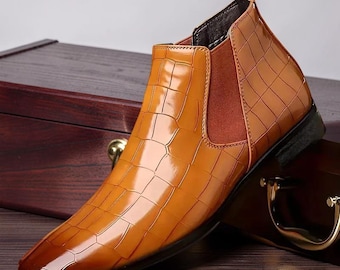 Tan Crocodile Texture Chelsea Boots for Men Handmade Leather Slip On Ankle Boots Formal Dress Shoes Classic Luxury Stylish Footwear
