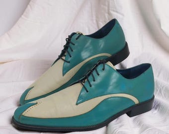 Handmade Teal Cream Spectator Oxford Shoes Men Leather Dress Shoes Wingtip Formal Wedding Two Tone Vintage Mens Footwear Luxury