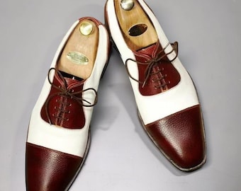 Men Brown White Cap Toe Oxford Shoes Leather Two Tone Formal Dress Shoes Vintage Style Wedding Office Stylish Footwear