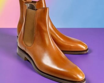 Tan Leather Chelsea Boots Men Slip On Ankle Boots Classic Dress Shoes Elegant Minimalist Comfortable Formal Casual Footwear Gift For Him
