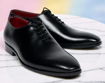 Men Black Leather Wholecut Oxford Shoes Handmade Minimal Formal Dress Shoes Luxury Office Wedding Sleek Elegant Footwear