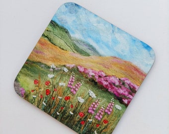 Hillside Meadow Felt Art Print Coaster - a print taken from felted picture