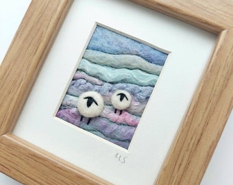 Felted sheep picture - needle felted and hand embroidered miniature art - F01