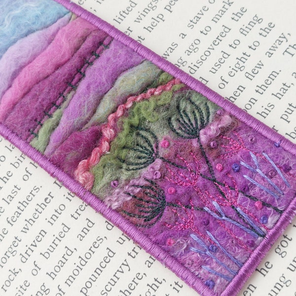 Fabric bookmark handmade in felting with embroidered flowers -  landscape bookmark picture - an ideal gift for reader - F05